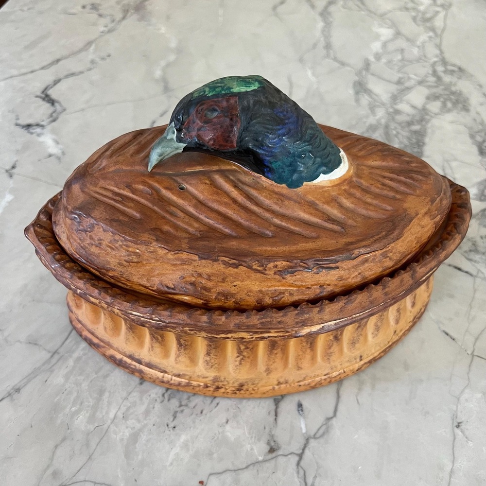 Antique Pillivuyt‎ Tureen Pie Dish with Pheasant Lid "trompe l'oeil"